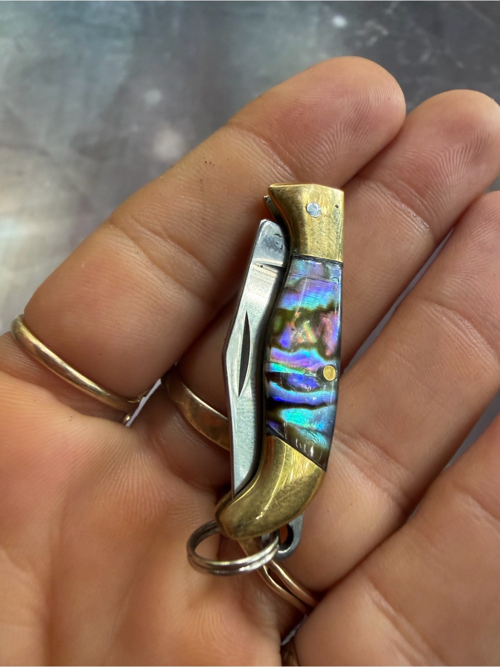 Brass Pocket Key Knife with Iridescent Abalone-Style Inlay - Blue-Green